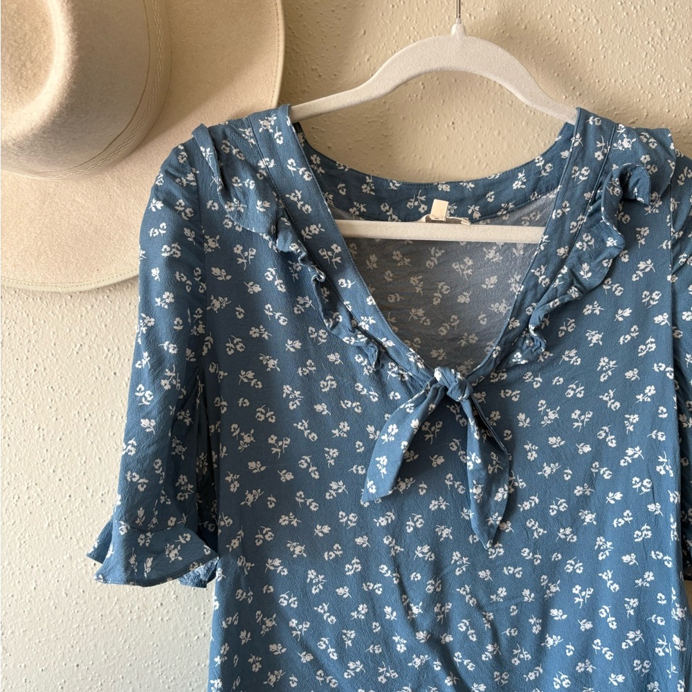 Blue Flutter Sleeve Ruffled Tie Front Blouse